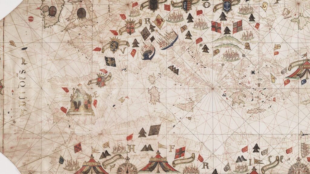 Carta portulana da Europa de 1560, de Georgio Sideri Callapoda, com linhas de rumo