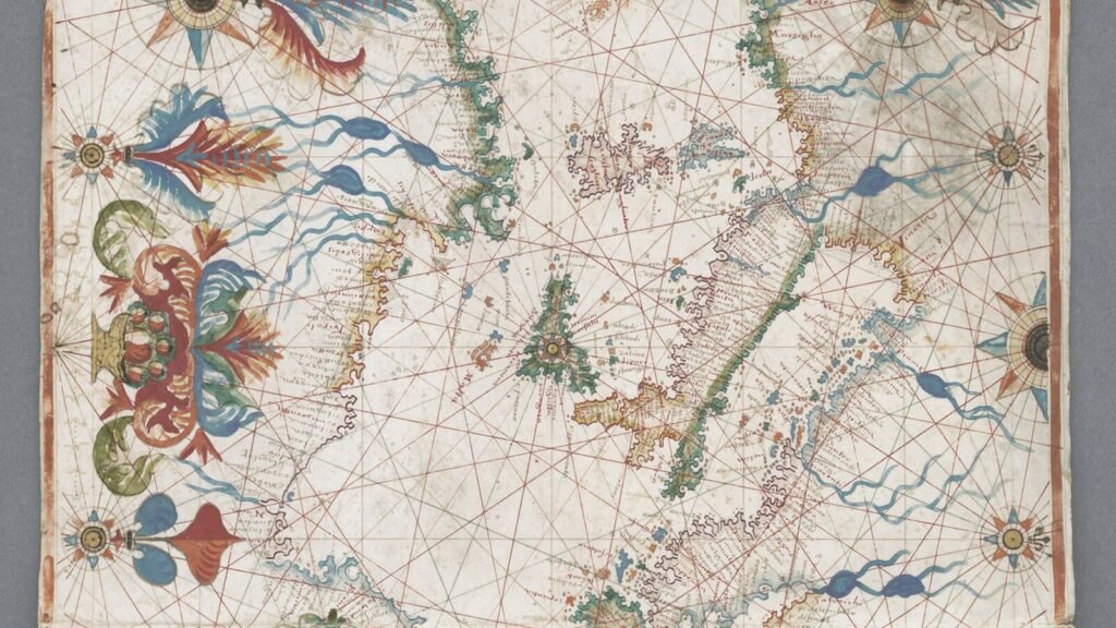 Carta portulana do Mediterrâneo por volta de 1600, com linhas de rumo